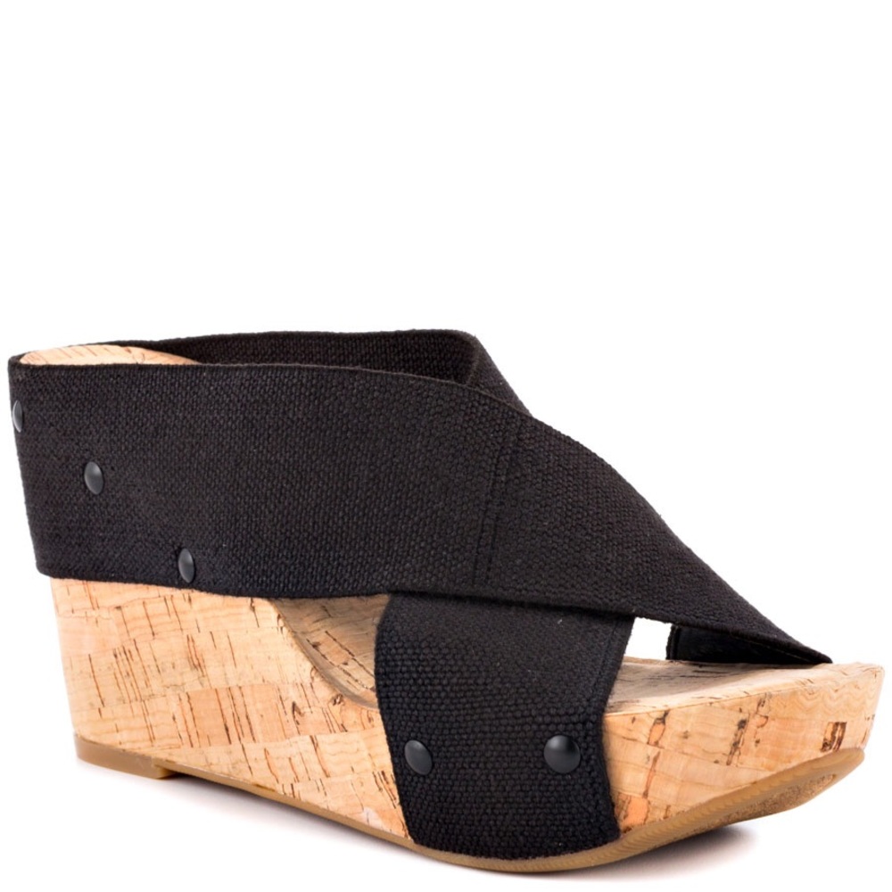 Worn once! Lucky Brand Black Cork 8.5 Wedge Linen